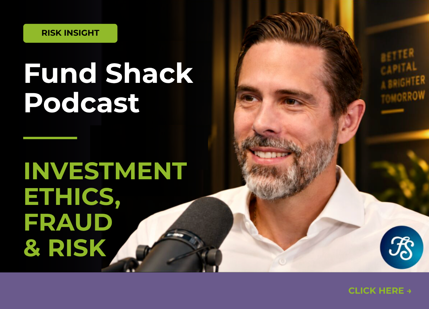 Fund Shack Podcast artwork for an episode on investment ethics, fraud and risk with Rupert Evill
